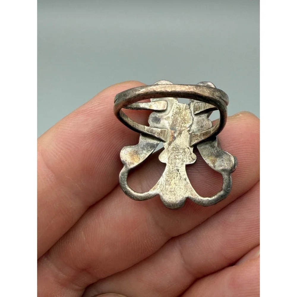 Fred Harvey Era Zuni Jet & Turquoise Inlay Sterling Silver Butterfly Ring #1144